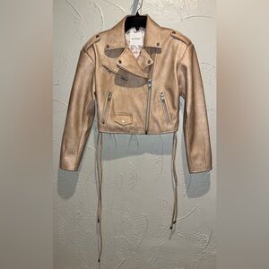 AVEC LES FILLES FAUX-EVER LEATHER CROPPED LACE UP BIKER JACKET